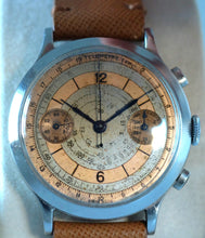 Load image into Gallery viewer, A very large stainless steel double pusher chronograph from Eberhard Case. Three-body, polished, stepped flat bezel, concave lugs, flat band, hinged snap-on case back.