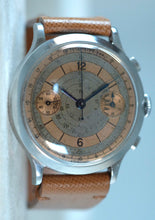 Load image into Gallery viewer, A very large stainless steel double pusher chronograph from Eberhard Case. Three-body, polished, stepped flat bezel, concave lugs, flat band, hinged snap-on case back.