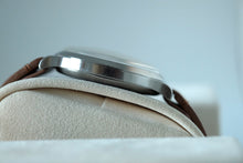 Load image into Gallery viewer, A very large stainless steel double pusher chronograph from Eberhard Case. Three-body, polished, stepped flat bezel, concave lugs, flat band, hinged snap-on case back.