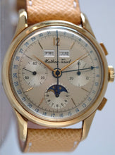 Load image into Gallery viewer, Mathey-Tissot, Triple Calendar Chronograph, Made in the 1970s. Fine, manual-winding, 18 karat yellow gold wristwatch with square button chronograph, registers, triple date and moon phases.