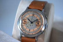 Load image into Gallery viewer, A very large stainless steel double pusher chronograph from Eberhard Case. Three-body, polished, stepped flat bezel, concave lugs, flat band, hinged snap-on case back.