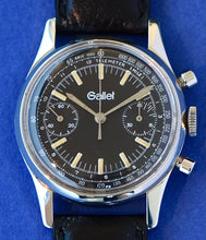Load image into Gallery viewer, Gallet Steel Chronograph wristwatch, Swiss, "Chronograph." Made in the 1960s. Fine, stainless steel wristwatch with round button chronograph, registers, telemeter and tachometer scales.