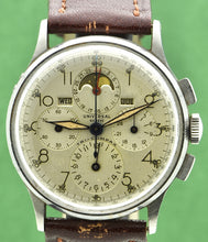 Load image into Gallery viewer, Universal Genève Tri-Compax, Ref. 22279, Steel.  Made in 1940s. Fine, manual-winding, stainless steel wristwatch with square button chronograph, registers, tachymeter, triple date and moon phases.
