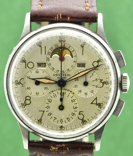 Universal Genève Tri-Compax, Ref. 22279, Steel.  Made in 1940s. Fine, manual-winding, stainless steel wristwatch with square button chronograph, registers, tachymeter, triple date and moon phases.