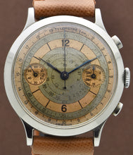 Load image into Gallery viewer, A very large stainless steel double pusher chronograph from Eberhard Case. Three-body, polished, stepped flat bezel, concave lugs, flat band, hinged snap-on case back.