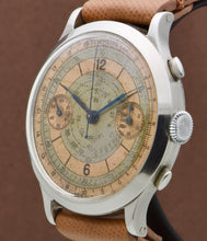 Load image into Gallery viewer, A very large stainless steel double pusher chronograph from Eberhard Case. Three-body, polished, stepped flat bezel, concave lugs, flat band, hinged snap-on case back.