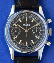 Load image into Gallery viewer, Gallet Steel Chronograph wristwatch, Swiss, &quot;Chronograph.&quot; Made in the 1960s. Fine, stainless steel wristwatch with round button chronograph, registers, telemeter and tachometer scales.
