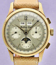 Load image into Gallery viewer, Mathey-Tissot, Triple Calendar Chronograph, Made in the 1970s. Fine, manual-winding, 18 karat yellow gold wristwatch with square button chronograph, registers,  triple date and moon phases.
