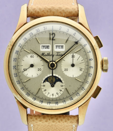 Mathey-Tissot, Triple Calendar Chronograph, Made in the 1970s. Fine, manual-winding, 18 karat yellow gold wristwatch with square button chronograph, registers,  triple date and moon phases.